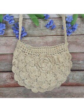Cappelli Straworld Tan Woven Straw Flower Purse Boho Shabby Chic Crossbody Bag